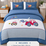 LSB 4 pcs Red Tractor theme, Luxe Embroidered collection of Double Bed Comforter, flat bedsheet, 2 pillow covers entire Bedding Set for King Size Bed.