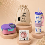 LSB 2 Pcs Purple Bow Tumbler & Purple Lunch Box Rakhi Gift Combo for Kids with Free Rakhi and Jute Drawstring Bag