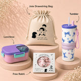 LSB 2 Pcs Purple Bow Tumbler & Purple Lunch Box Rakhi Gift Combo for Kids with Free Rakhi and Jute Drawstring Bag