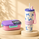 LSB 2 Pcs Purple Bow Tumbler & Purple Lunch Box Rakhi Gift Combo for Kids with Free Rakhi and Jute Drawstring Bag