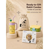 LSB 2 Pcs Green Tumbler & Bread Style Lunch Box Rakhi Gift Combo for Kids with Free Rakhi & Jute drawstring bag.