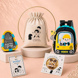 LSB 2 Pcs Dumper Backpack & Blue Triangle Stainless Steel Lunch Box Rakhi Gift Combo for Kids with Free Rakhi & Jute drawstring Bag