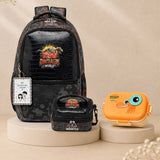 LSB 3 Pcs Jurassic Dino Backpack, Matching Lunch Bag & Orange Dino Lunch Box Rakhi Gift Combo for Kids with Free Rakhi