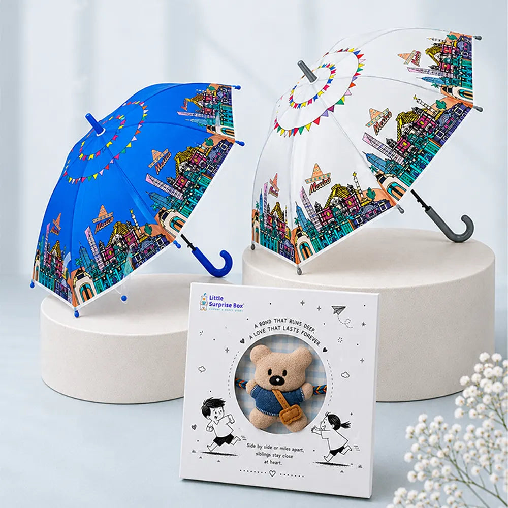 LSB 2 Pcs Blue & Grey Mexico Landmark Umbrella Rakhi Gift Combo for Kids with Free Rakhi