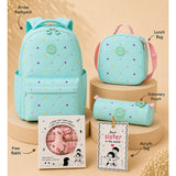 LSB 3 Pcs Mint Mini Heart Matching Backpack, Lunch Bag and Stationery Pouch Rakhi Gift Combo for Kids with Free Rakhi