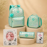 LSB 3 Pcs Shiny Mint Star Matching Backpack, Lunch Bag and Stationery Pouch Rakhi Gift Combo for Kids with Free Rakhi