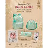 LSB 3 Pcs Shiny Mint Star Matching Backpack, Lunch Bag and Stationery Pouch Rakhi Gift Combo for Kids with Free Rakhi