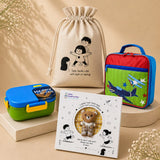 LSB 2 Pcs Blue Happy Bites Lunch Box & Plane Lunch Bag Rakhi Gift Combo for Kids with Free Rakhi & Jute drawstring bag.
