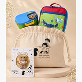 LSB 2 Pcs Blue Happy Bites Lunch Box & Plane Lunch Bag Rakhi Gift Combo for Kids with Free Rakhi & Jute drawstring bag.