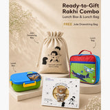 LSB 2 Pcs Blue Happy Bites Lunch Box & Plane Lunch Bag Rakhi Gift Combo for Kids with Free Rakhi & Jute drawstring bag.