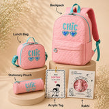 LSB 3 Pcs Pink Cool Glasses Backpack, Lunch Bag & Stationery Pouch Rakhi Gift Combo for Kids with Free Rakhi