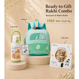 LSB 2 Pcs Shell Backpack & Pink-Blue Triangle Lunch Box Rakhi Gift Combo for Kids with Free Rakhi & Jute drawstring bag.