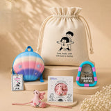 LSB 2 Pcs Shell Backpack & Pink-Blue Triangle Lunch Box Rakhi Gift Combo for Kids with Free Rakhi & Jute drawstring bag.