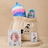 LSB 2 Pcs Shell Backpack & Pink-Blue Triangle Lunch Box Rakhi Gift Combo for Kids with Free Rakhi & Jute drawstring bag.