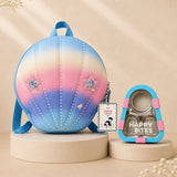 LSB 2 Pcs Shell Backpack & Pink-Blue Triangle Lunch Box Rakhi Gift Combo for Kids with Free Rakhi & Jute drawstring bag.