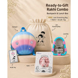 LSB 2 Pcs Shell Backpack & Pink-Blue Triangle Lunch Box Rakhi Gift Combo for Kids with Free Rakhi & Jute drawstring bag.