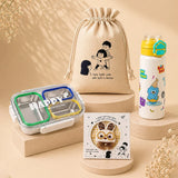 LSB 2 Pcs Buddy Water Bottle & Green Stainless Steel Lunch Box Rakhi Gift Combo for Kids with Free Rakhi & Jute drawstring bag.