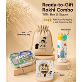 LSB 2 Pcs Buddy Water Bottle & Green Stainless Steel Lunch Box Rakhi Gift Combo for Kids with Free Rakhi & Jute drawstring bag.