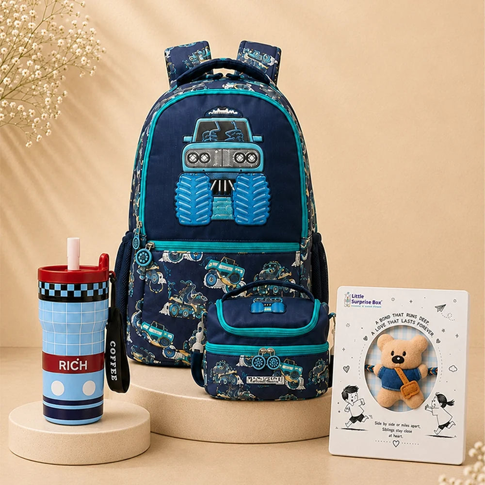 LSB 3 Pcs Monster Truck Backpack, Lunch Bag & Blue Checks Water Bottle with Rakhi Gift Combo for Kids with Free Rakhi