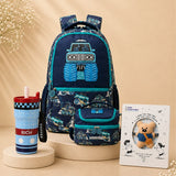 LSB 3 Pcs Monster Truck Backpack, Lunch Bag & Blue Checks Water Bottle with Rakhi Gift Combo for Kids with Free Rakhi