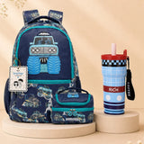 LSB 3 Pcs Monster Truck Backpack, Lunch Bag & Blue Checks Water Bottle with Rakhi Gift Combo for Kids with Free Rakhi