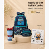 LSB 3 Pcs Monster Truck Backpack, Lunch Bag & Blue Checks Water Bottle with Rakhi Gift Combo for Kids with Free Rakhi
