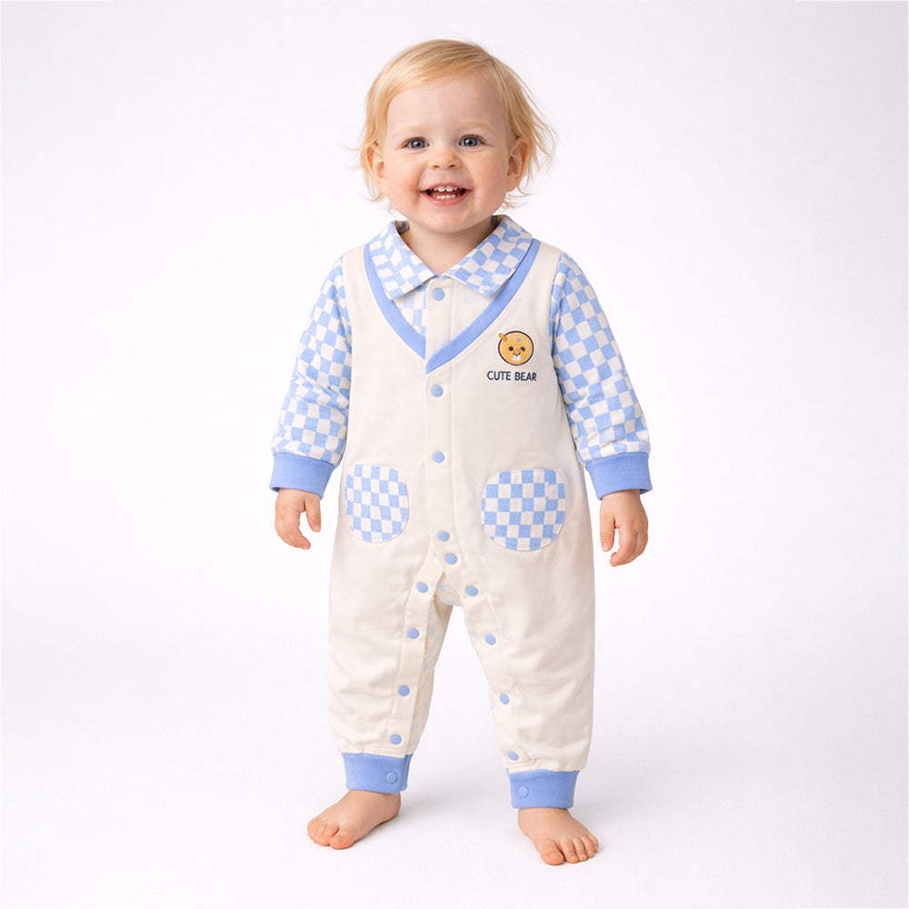 LSB Blue Checks Collar, Full Sleeves Jumpsuit Romper for Tiny Toddlers