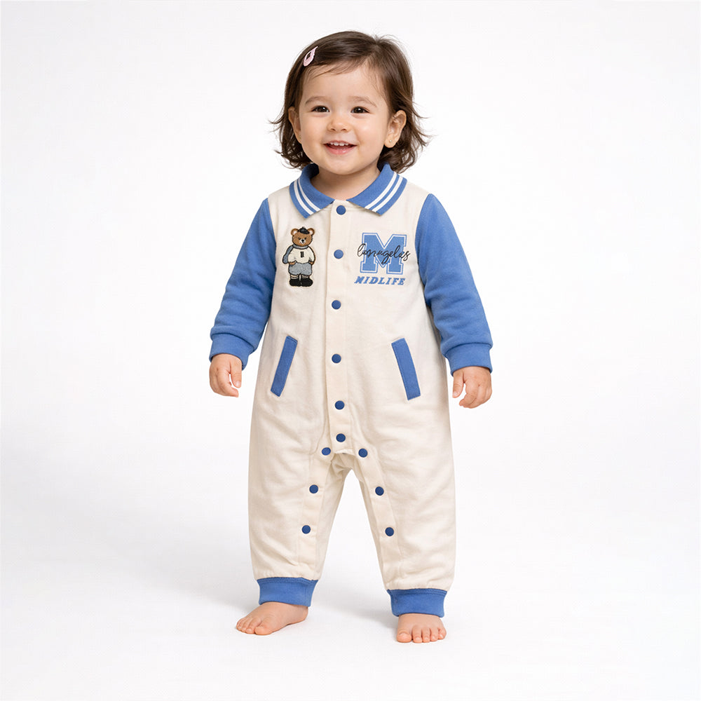 LSB Blue Teddy Varsity Style, Full Sleeves Jumpsuit Romper for Tiny Toddlers