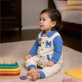 LSB Blue Teddy Varsity Style, Full Sleeves Jumpsuit Romper for Tiny Toddlers