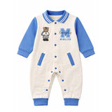LSB Blue Teddy Varsity Style, Full Sleeves Jumpsuit Romper for Tiny Toddlers