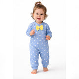 LSB Blue Star Print with Yellow Bow Winter Full Sleeves Jumpsuit Romper for Tiny Toddlers