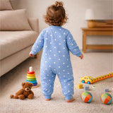 LSB Blue Star Print with Yellow Bow Winter Full Sleeves Jumpsuit Romper for Tiny Toddlers