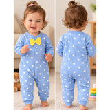 LSB Blue Star Print with Yellow Bow Winter Full Sleeves Jumpsuit Romper for Tiny Toddlers