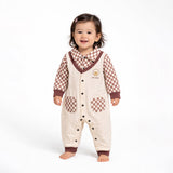 LSB Brown Checks Collar, Full Sleeves Jumpsuit Romper for Tiny Toddlers