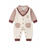 LSB Brown Checks Collar, Full Sleeves Jumpsuit Romper for Tiny Toddlers