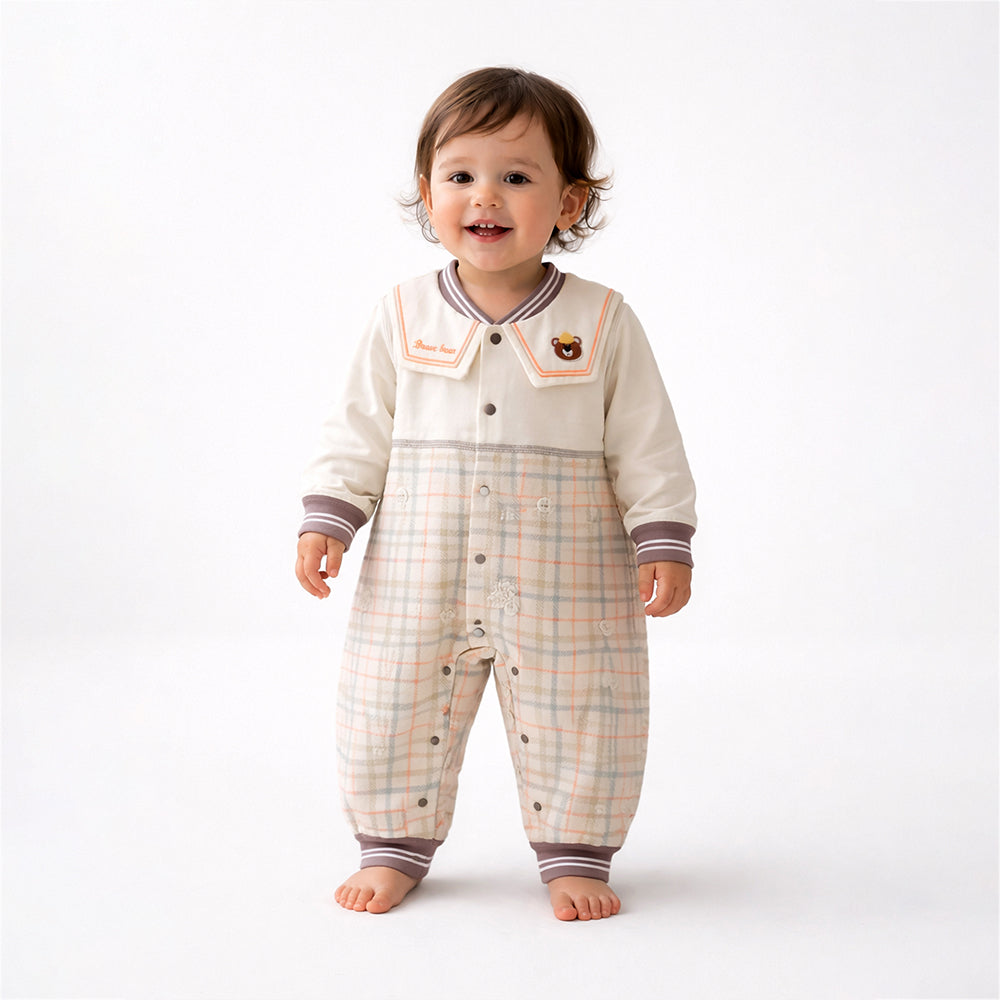 LSB Brown and Cream Sailor Collar Brave Bear Full Sleeves Jumpsuit Romper for Tiny Toddlers