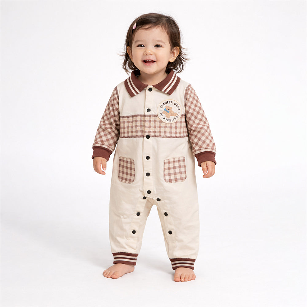 LSB Brown Striped Collar, Full Sleeves Jumpsuit Romper for Tiny Toddlers