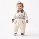 LSB Grey Striped Collar, Full Sleeves Jumpsuit Romper for Tiny Toddlers