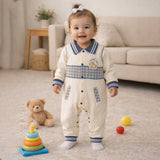 LSB Grey Striped Collar, Full Sleeves Jumpsuit Romper for Tiny Toddlers