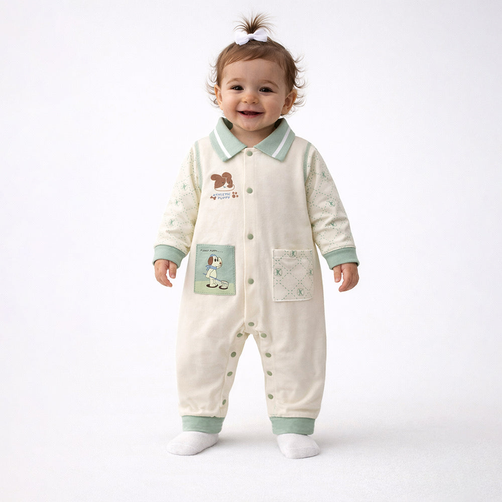 LSB Mint Collar Puppy, Full Sleeves Jumpsuit Romper for Tiny Toddlers