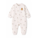 Cream Teddy All-Over Print, Full Sleeves Jumpsuit Hoodie Romper for Tiny Toddlers