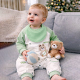 Mint Bear and Cream Winter Romper with Matching Bib for Tiny Toddlers