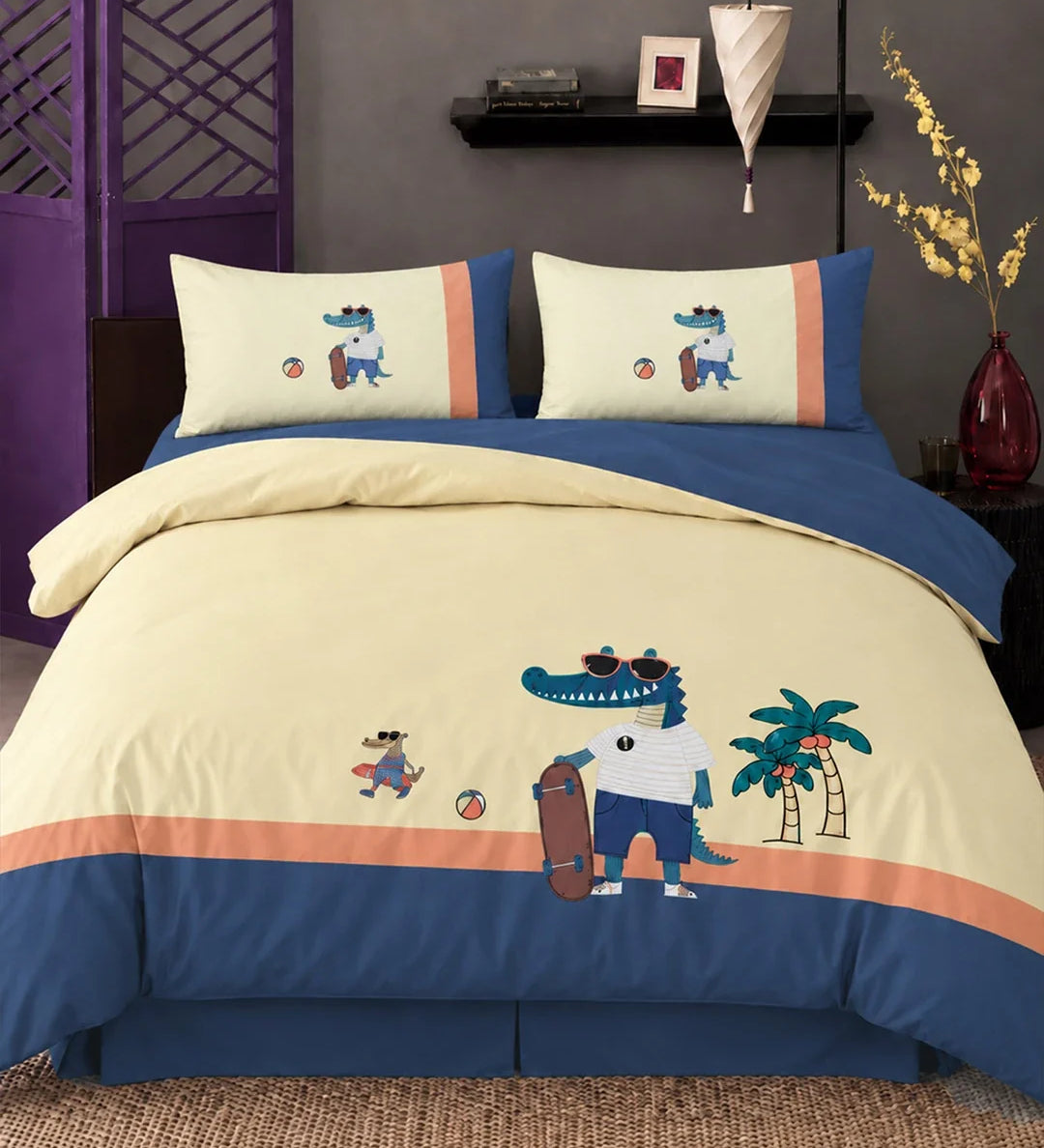 LSB 4 pcs Skateboard Croc Tropical theme, Luxe Embroidered collection of Double Bed Comforter, flat bedsheet, 2 pillow covers Bedding Set for King Size Bed.