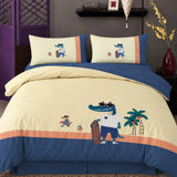 LSB 4 pcs Skateboard Croc Tropical theme, Luxe Embroidered collection of Double Bed Comforter, flat bedsheet, 2 pillow covers Bedding Set for King Size Bed.