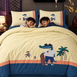 LSB 4 pcs Skateboard Croc Tropical theme, Luxe Embroidered collection of Double Bed Comforter, flat bedsheet, 2 pillow covers Bedding Set for King Size Bed.