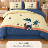 LSB 4 pcs Skateboard Croc Tropical theme, Luxe Embroidered collection of Double Bed Comforter, flat bedsheet, 2 pillow covers Bedding Set for King Size Bed.