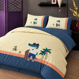 LSB 4 pcs Skateboard Croc Tropical theme, Luxe Embroidered collection of Double Bed Comforter, flat bedsheet, 2 pillow covers Bedding Set for King Size Bed.