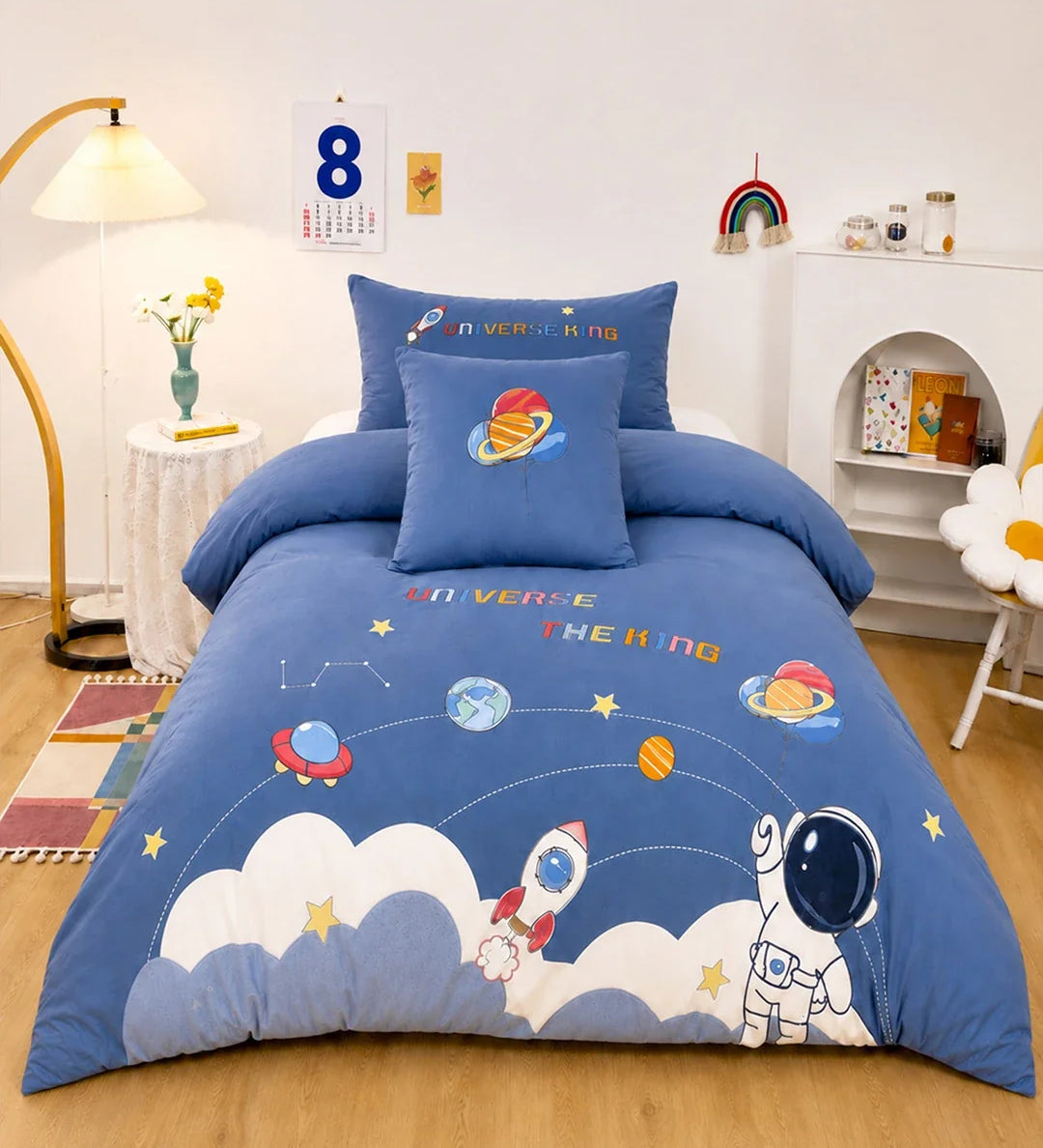 LSB 4 pcs Space theme, Luxe Embroidered collection of Single bed comforter, 1 flat bedsheet, 2 pillow covers entire Bedding Set for Single Size Bed.