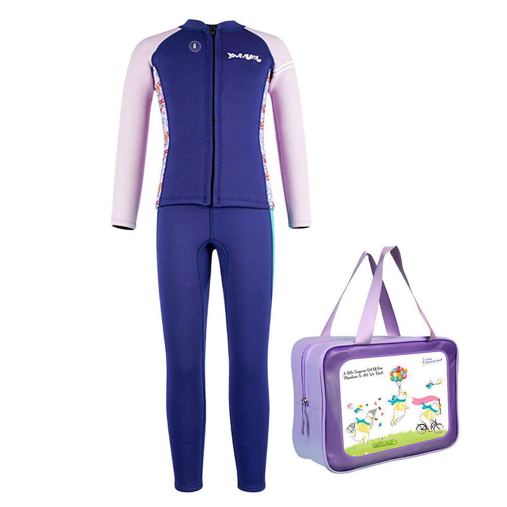 LSB Dive 2-Piece Navy & Purple Front-Zip Jacket with Full Length Pants, 2.5mm Neoprene Kids Swimsuit with Free Washbag