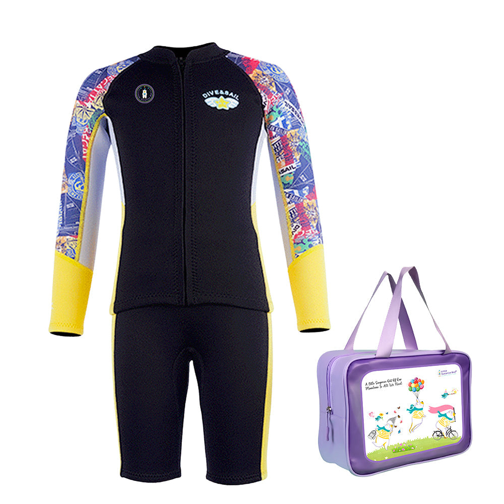 LSB Dive 2-Piece set Black & Yellow Stamps Front-Zip Jacket Printed with Knee Length Shorts, 2.5mm Neoprene Kids Swimsuit with Free Washbag